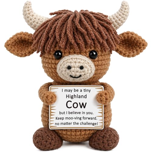 Crochet Highland Cow Encouragement Gift with Positive Message Card