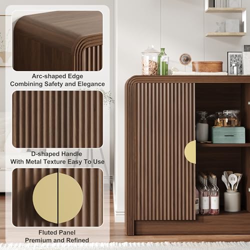 55" Fluted Buffet Sideboard Cabinet with Adjustable Shelves, Walnut