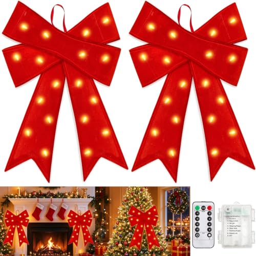 2 Pack Prelit Red Velvet Christmas Bows with 20 LED Lights & Remote Timer