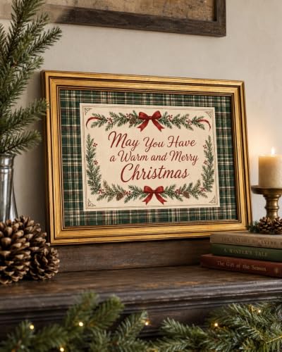 Gold Framed Christmas Wall Art Plaid Quote Canvas Print 12 x 16 in – May You Have a Warm and Merry Christmas (Plaid Quote / 16" L x 12" W)