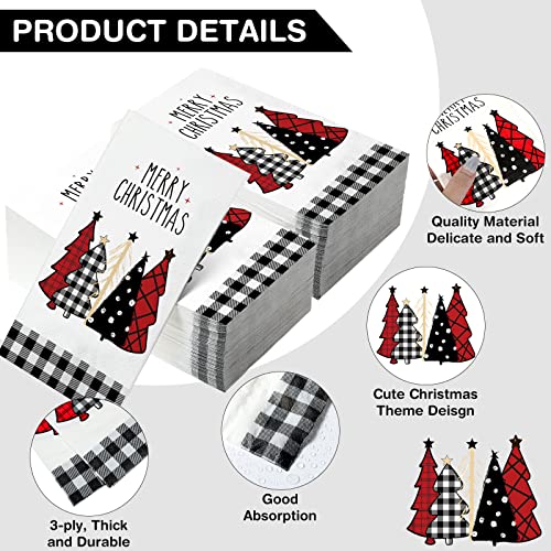 Christmas Paper Napkins Bulk - Watercolor Tree & Buffalo Plaid Design, 100 Pack