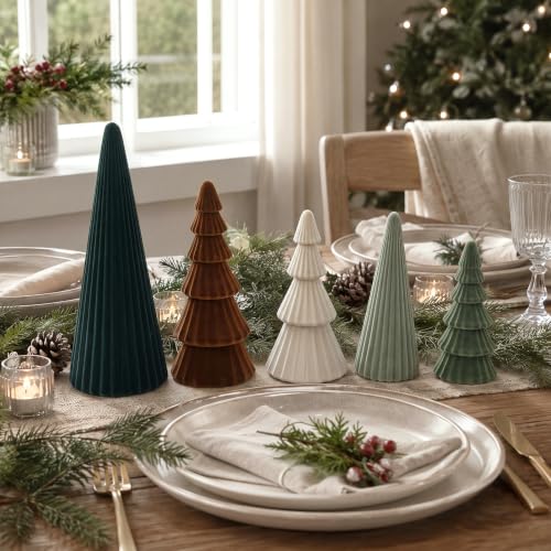 Leinuosen Velvet Ceramic Christmas Trees (Set of 5) - Green Assorted Sizes