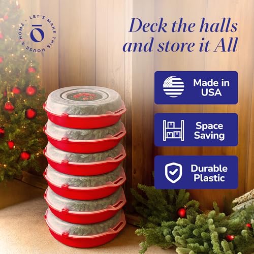 HOMZ 6-Pack 24-Inch Plastic Wreath Storage Organizer Container Red