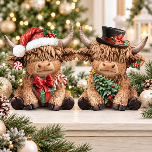 Karenhi 2-Pack Christmas Highland Cow Figurines Decor for Home & Office