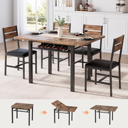 5-Piece Extendable Dining Table Set with 4 PU Leather Chairs & Storage Rack