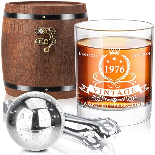 Clear 50th Birthday Whiskey Glass Set with Barrel Box for Men - 1976 Vintage Gift