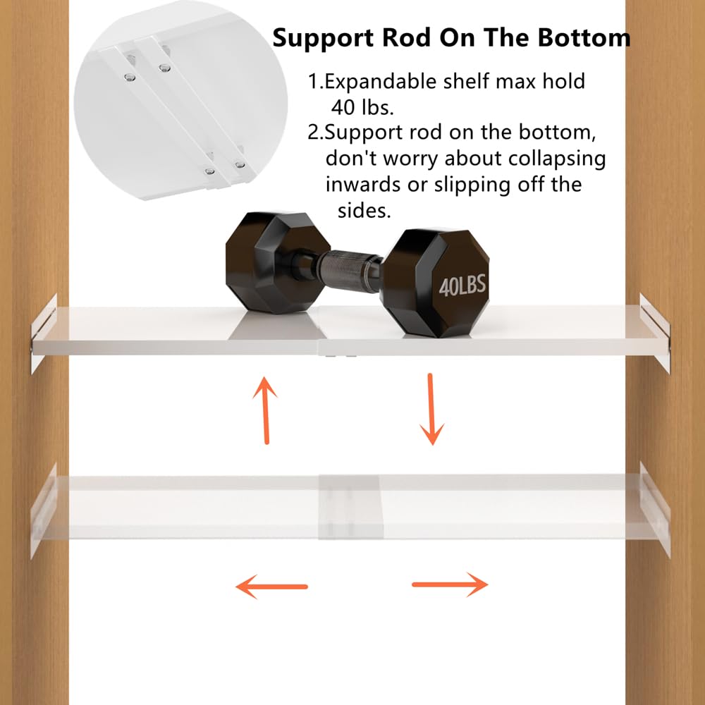 Slideep Expandable Closet Tension Shelf, Metal Adjustable Wardrobe Shelves Organizer System with Strong Seamless Sticker for Kitchen, Wardrobe, Cupboard 2 Pack (L:16.9'' to 31.5"; W:11.8")