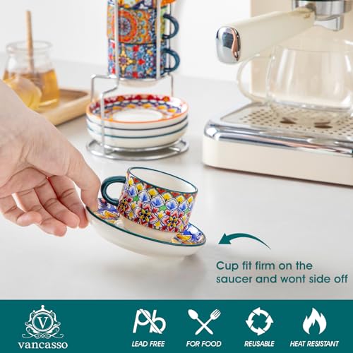 Vancasso Bohemian 2.5oz Stackable Espresso Cup Set of 4 with Saucers