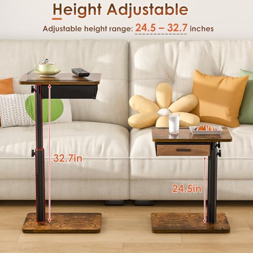 Adjustable C-Shaped TV Tray Table with Drawer and Swivel Top