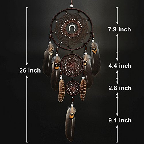 Large Three-Ring Brown Dream Catcher with Feathers and Moon Pendant