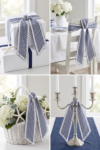 Navy Gingham Front Door Wreath Sash with Scalloped Ric Rac Trim, 4.5 x 56"