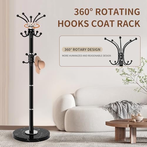 Rotating Coat Rack Stand with 16 Hooks and Natural Marble Base
