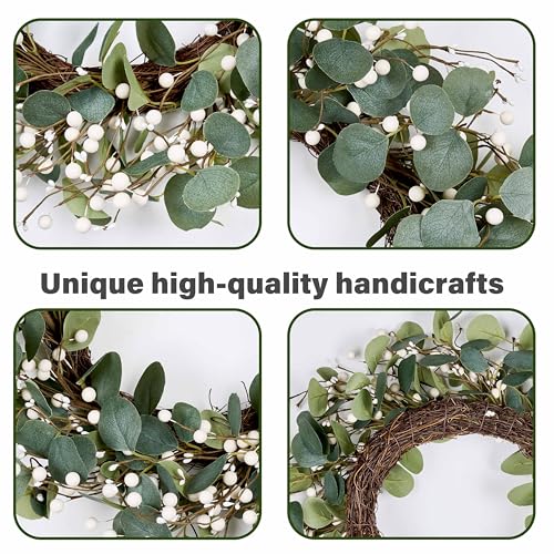 Green Eucalyptus Wreath 22in with White Berries - Front Door Holiday Decor