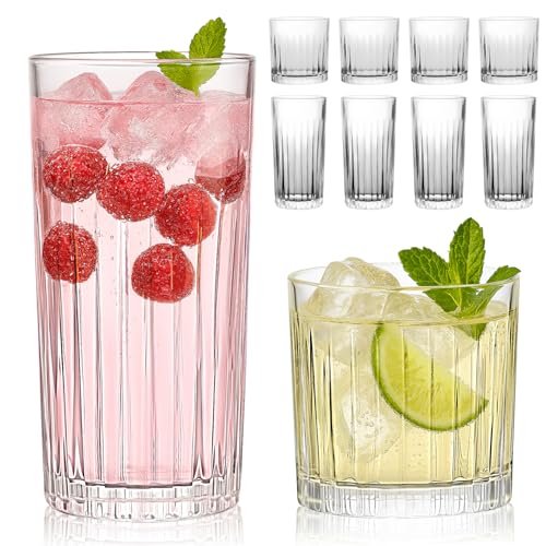 8-Piece Ribbed Glassware Set, 12 oz Highball and 10 oz Cocktail Tumblers