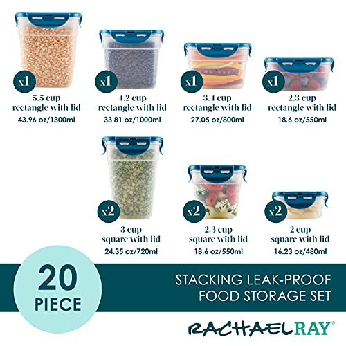 Rachael Ray Leak-Proof Stacking Container Food Storage Bin Set, 20-Piece, Clear with Teal Lids