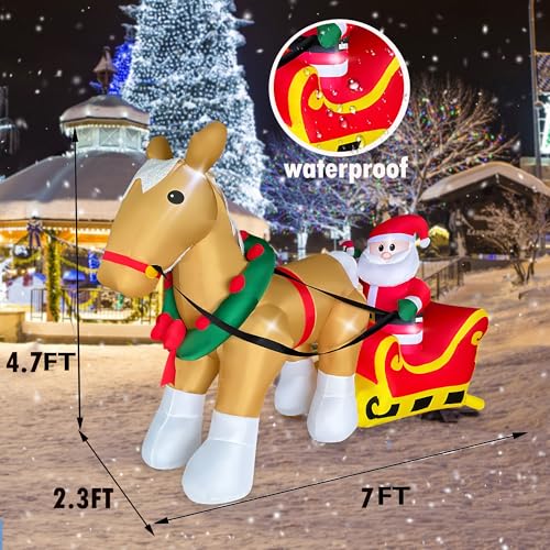 7FT Christmas Inflatable Santa on Sleigh with Horse - LED Yard Decor, Indoor Outdoor Holiday Decoration, JOYEASE A-7FT Horse Pulls Santa's Sleigh