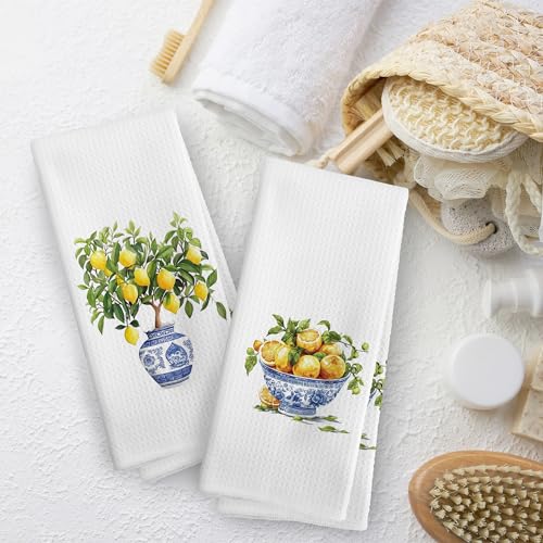 TAEDIN Lemon-1 Chinoiserie Kitchen Towels Set of 2 Blue & White 16x24 Inches
