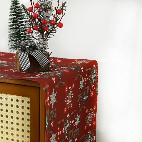 Christmas Table Runner 13x72 Red with Reindeer and Snowflake Geometric Pattern