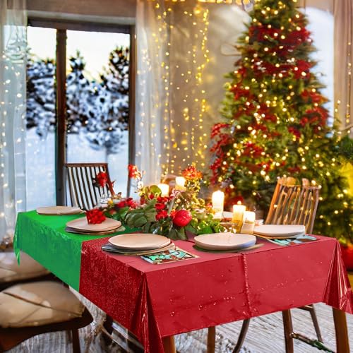 Hauwellter 12 Pack Iridescent Red & Green Plastic Tablecloths 54x108 in - holographic disposable party covers