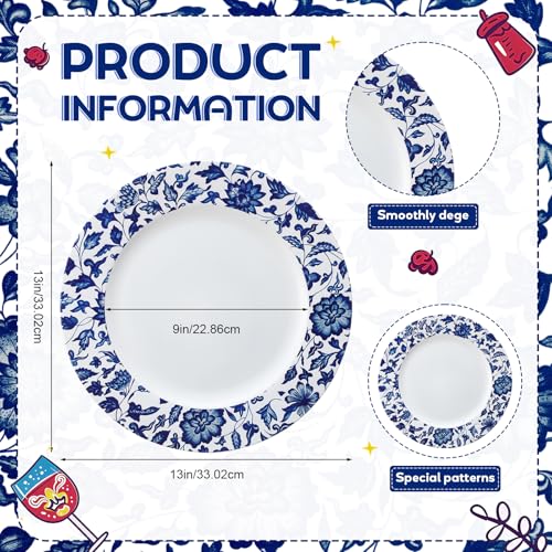 Yungyan 6 Pack 13in Blue & White Christmas Porcelain-Style Plastic Charger Plates (Passover Embroidery / Blue) - Non-Disposable