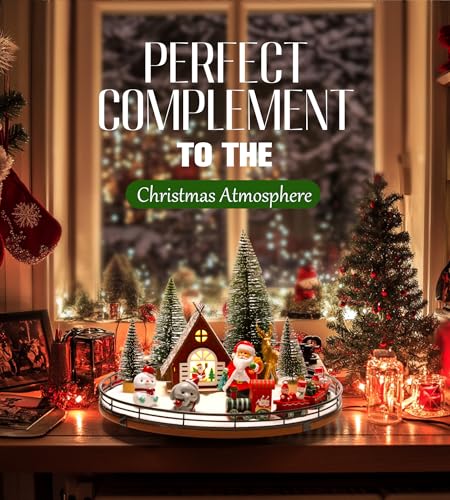 12-Piece Christmas Village Table Centerpiece Set with Rotating Oak Base