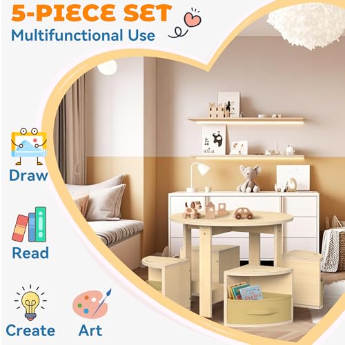 Round Kids Activity Table and 4 Storage Stool Set - Space-Saving Play Furniture