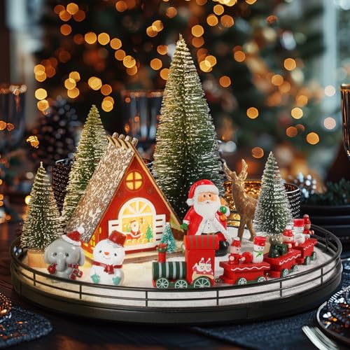 12-Piece LED Christmas Village Centerpiece Set with Rotating Oak Lazy Susan