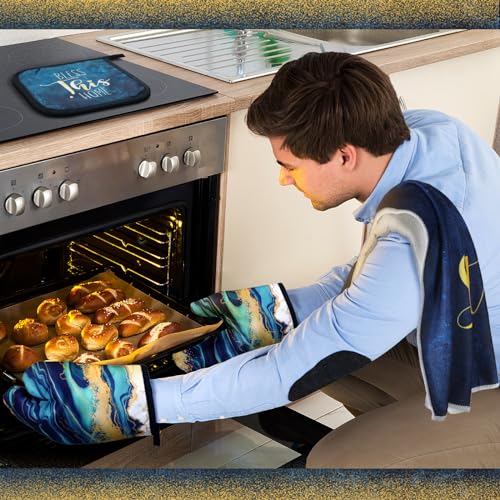 6-Piece Blue Marble Kitchen Set: Oven Mitts, Pot Holders, and Dish Towels