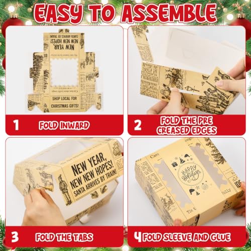 Resurhang 12 Pcs Vintage Christmas Cookie Boxes with Window – Newspaper Variation