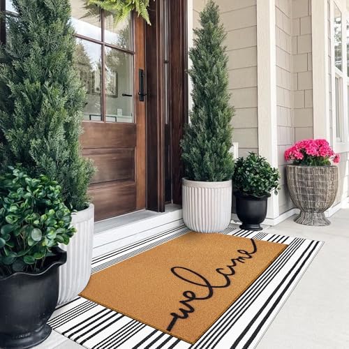 2-Piece Layered Welcome Doormat Set, Non-Slip Striped Farmhouse Porch Rug