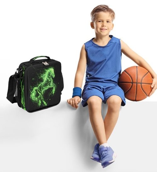 Pardick Lunch Box for Kids Boys Girls Green Fire Horse Kids Lunch Bag Insulated Lunch Bag Tote with Adjustable Shoulder Strap Teens Lunchbox Cooler School Picnic