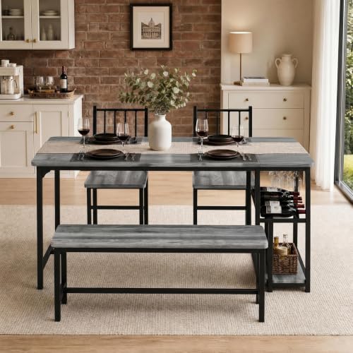 55-Inch Dining Table Set for 4 with Bench, Wine Rack & Storage Shelves