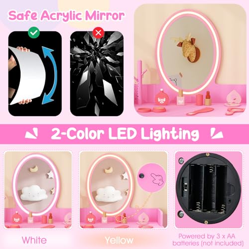 Kids Vanity Table and Chair Set with LED Lighted Mirror and Storage Drawer
