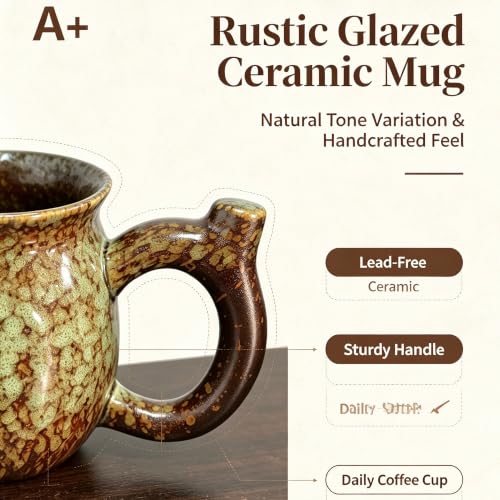 Green1 Handcrafted Ceramic Coffee Mug 13oz - Retro Tea Cup, Dishwasher & Microwave Safe, Gift for Coffee Lovers
