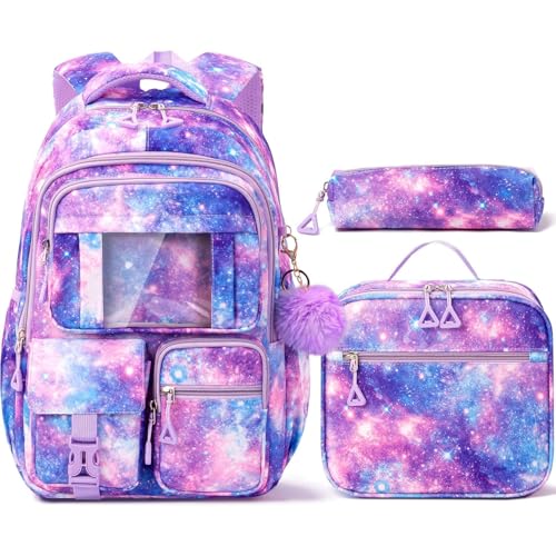 3-Piece Girls Galaxy School Backpack Set with Lunch Box & Pencil Case
