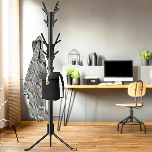 Standing Coat and Hat Rack, 18-Hook Metal Tree Hanger, Black
