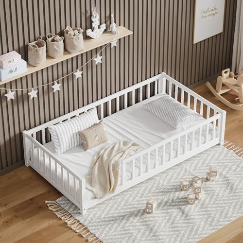 Twin Size Montessori Floor Bed with Safety Guardrails, Solid Wood Frame