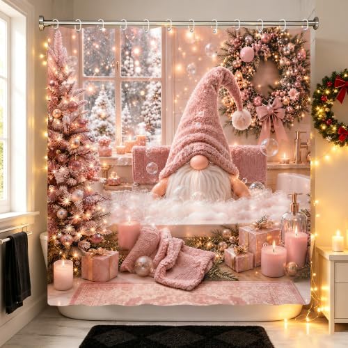 Romart Pink Christmas Gnome Shower Curtain 72x72 Inch - Holiday Bathroom Decor