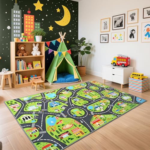 City Road Kids Play Rug 3x5 - Educational Non-Slip Toy Car Play Mat