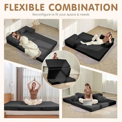 5-in-1 Corduroy Convertible Sofa Bed, Tri-Fold Futon Sleeper Couch
