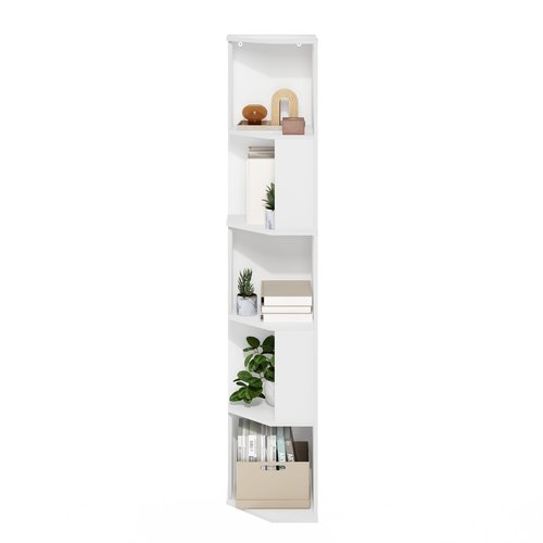 Furinno ECON Corner Shelf, 5-Tier Corner Book Shelf, Storage Shelves, Display Rack, Bookshelf, for Organization and Storage, Living Room, Home Office, White