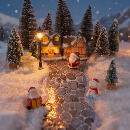 4PCS Christmas Village Accessories Sets, 2PCS 4.7" x 47.2"Christmas Village Brick Snow Road Street Mat & 2PCS 35"Wooden Picket Fence,Villages Landscape Road Mats Decoration for DIY Miniature Landscape