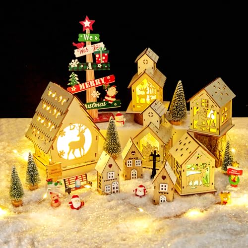 29-Piece DIY Wooden Christmas Village Set with LED Lights and Miniatures
