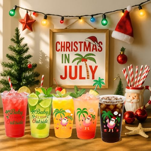 Christmas July Plastic Cups 16 oz Disposable Party Cups 60 Pack - Santa Flamingo Beach Design