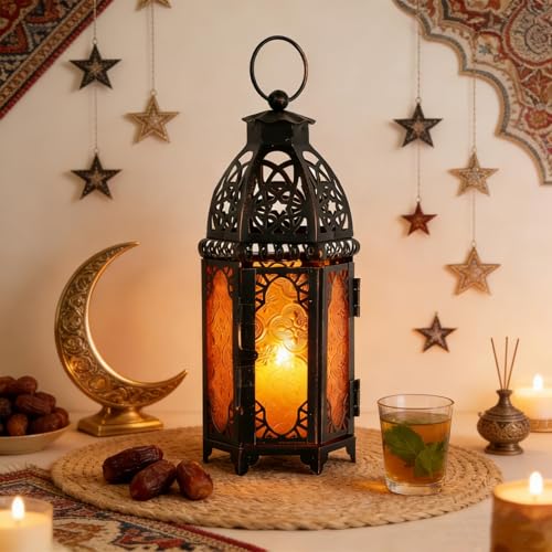 DECORKEY 11'' Medium Amber Moroccan Lantern for Indoor & Outdoor Decor