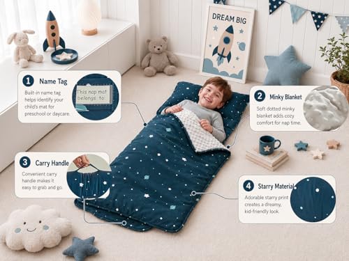 Toddler Nap Mat with Pillow and Fleece Blanket - Portable Slumber Bag