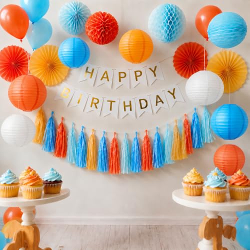 Orange and Blue Tissue Paper Tassel Garland - 20 Pack Party Decoration