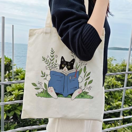Dlzdn Cat Tote Bag - Cute Tuxedo Cat Print Reusable Grocery Beach Tote 14x16in