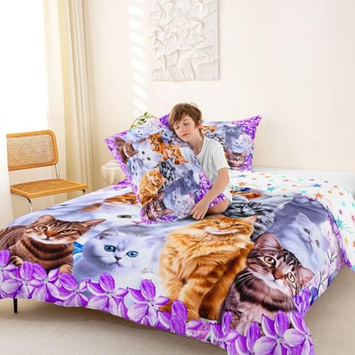 Cute Cartoon Cat Twin Comforter Set with Pillowcase - Floral Design