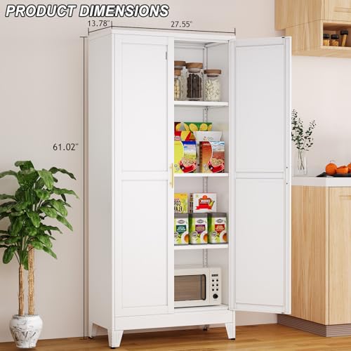 61-Inch Metal Pantry Cabinet with 2 Doors and Adjustable Shelves, White